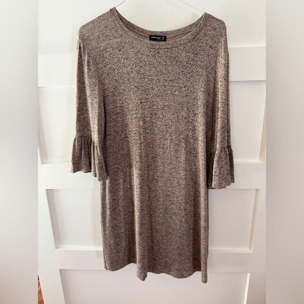 New Popular Basics thin sweater dress 3/4 ruffle sleeves pink heathered gray